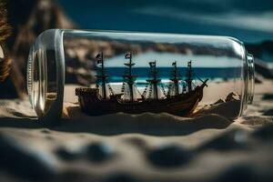 une miniature navire dans une bouteille sur le plage. généré par ai photo