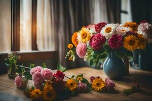 fleurs dans des vases sur une table dans de face de une la fenêtre. généré par ai photo