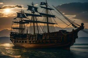 une pirate navire dans le océan à le coucher du soleil. généré par ai photo