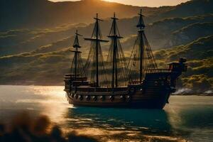une pirate navire dans le océan à le coucher du soleil. généré par ai photo