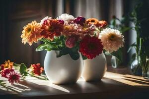 fleurs dans des vases sur une tableau. généré par ai photo