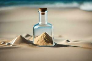 une bouteille avec le sable et une Montagne à l'intérieur. généré par ai photo