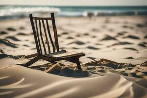 une chaise est assis dans le le sable sur une plage. généré par ai photo