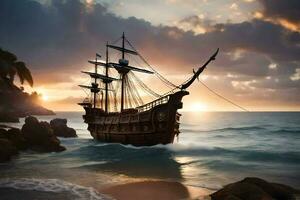 une pirate navire est voile sur le océan à le coucher du soleil. généré par ai photo