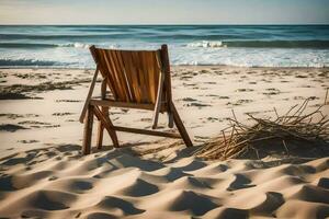 une en bois chaise est assis sur le plage près le océan. généré par ai photo