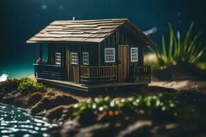 miniature maison sur le rive de le rivière. généré par ai photo