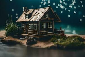 une miniature maison sur le rive de une lac. généré par ai photo