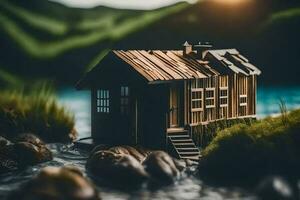 une miniature maison dans le milieu de une rivière. généré par ai photo