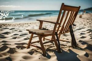 une en bois chaise est assis sur le plage près le océan. généré par ai photo