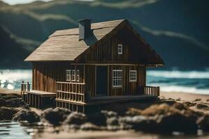 une miniature en bois maison est assis sur le plage. généré par ai photo