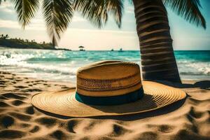 une paille chapeau sur le plage. généré par ai photo