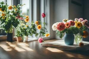 fleurs dans des vases sur une table près une la fenêtre. généré par ai photo