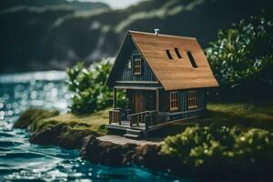 une miniature maison sur une petit île par le océan. généré par ai photo