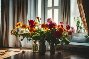 fleurs dans des vases sur le sol dans de face de une la fenêtre. généré par ai photo