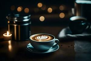 une tasse de café sur une en bois table avec une bougie et une bouteille de l'eau. généré par ai photo