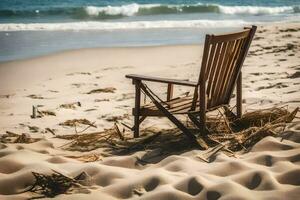 une en bois chaise est assis sur le le sable près le océan. généré par ai photo