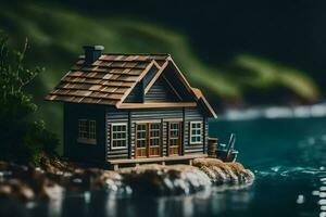 une miniature maison sur une Roche par le l'eau. généré par ai photo