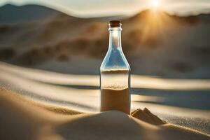 une bouteille de le sable dans le désert avec le Soleil brillant. généré par ai photo