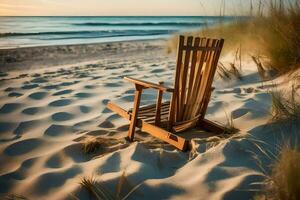 une en bois chaise est assis sur le le sable à le coucher du soleil. généré par ai photo