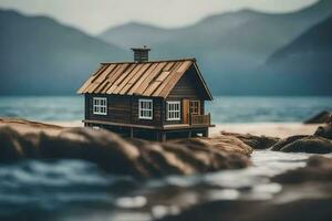 une miniature maison sur le rochers par le mer. généré par ai photo