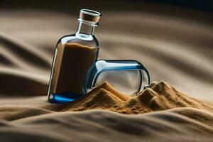 une bouteille de le sable et une verre bouteille sur une le sable dune. généré par ai photo