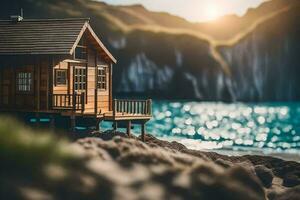 une minuscule en bois maison sur le plage par le l'eau. généré par ai photo