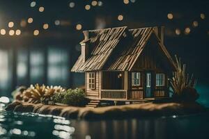 une petit en bois maison sur une petit île dans le l'eau. généré par ai photo