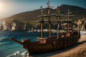 une en bois pirate navire sur le plage. généré par ai photo