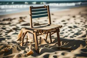 une chaise est assis sur le le sable dans le milieu de le océan. généré par ai photo