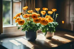 Orange fleurs dans des vases sur une rebord de fenêtre. généré par ai photo