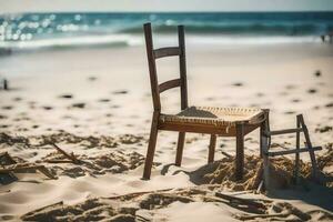 une chaise est assis sur le le sable près le océan. généré par ai photo