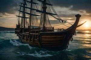 une en bois navire dans le océan à le coucher du soleil. généré par ai photo