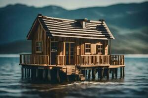 une miniature en bois maison est assis sur le l'eau. généré par ai photo