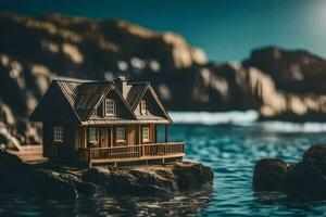 une miniature maison sur une Roche dans le océan. généré par ai photo