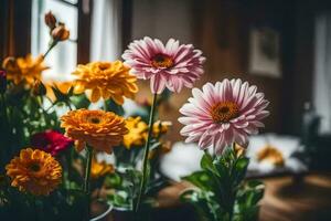 fleurs dans une vase sur une tableau. généré par ai photo