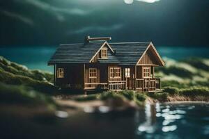 une miniature en bois maison sur le rive de une lac. généré par ai photo