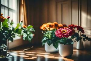 fleurs dans des vases sur une table dans de face de une la fenêtre. généré par ai photo