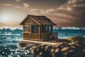 minuscule maison sur le plage par le océan. généré par ai photo