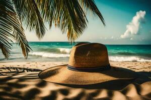 une chapeau sur le plage. généré par ai photo