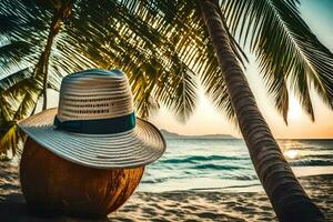 une chapeau est assis sur le plage suivant à noix de coco des arbres. généré par ai photo