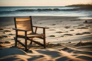 une chaise est assis sur le plage à le coucher du soleil. généré par ai photo