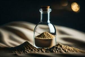 une bouteille de le sable et le sable sur une lit. généré par ai photo