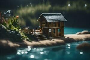 une miniature maison est assis sur le rive de une lac. généré par ai photo