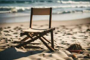 une chaise sur le plage avec une coquille sur le sable. généré par ai photo