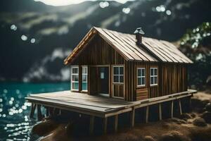 une petit en bois maison sur une Dock par le l'eau. généré par ai photo
