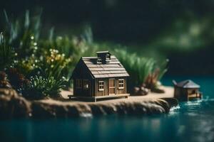 minuscule maison sur une petit île dans le milieu de le l'eau. généré par ai photo