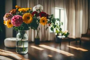 une vase de fleurs séance sur une en bois sol. généré par ai photo