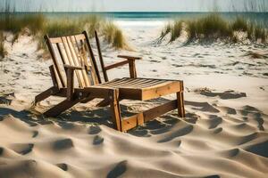 une en bois chaise est assis sur le le sable près le océan. généré par ai photo