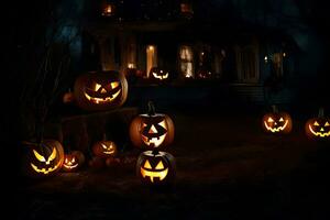 Halloween citrouilles dans de face de une maison à nuit. généré par ai photo