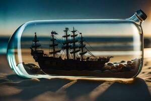 une navire dans une bouteille sur le plage. généré par ai photo